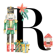 Christmas Nutcracker Letter R with watercolor soldier