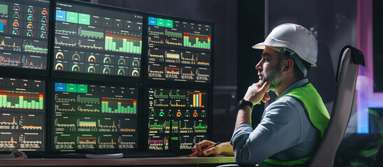 Main engineer following the plant process using Industry 4.0. Operator control process of production uses computer screens with SCADA system