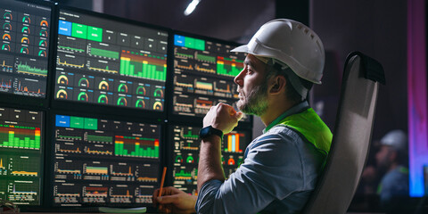 Wall Mural - Head engineer following the factory process using Industry 4.0. Facility operator control production uses computer screens with SCADA system