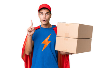 Wall Mural - Super Hero delivery man over isolated background intending to realizes the solution while lifting a finger up