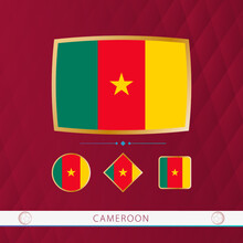 Set Of Cameroon Flags With Gold Frame For Use At Sporting Events On A Burgundy Abstract Background.