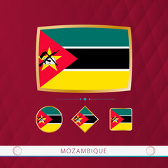 Wall Mural - Set of Mozambique flags with gold frame for use at sporting events on a burgundy abstract background.