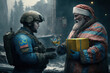 santa claus giving gift to a ukraine war soldier generative ai