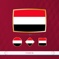 Wall Mural - Set of Yemen flags with gold frame for use at sporting events on a burgundy abstract background.