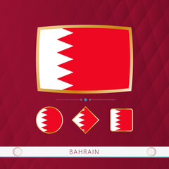 Wall Mural - Set of Bahrain flags with gold frame for use at sporting events on a burgundy abstract background.