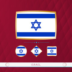 Wall Mural - Set of Israel flags with gold frame for use at sporting events on a burgundy abstract background.