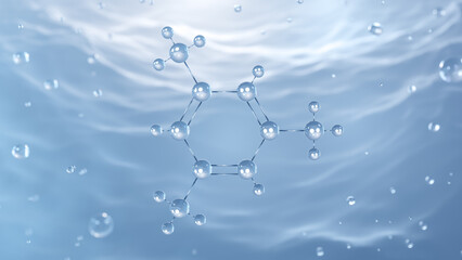 Poster - mesitylene molecular structure, 3d model 1,3,5-trimethylbenzene, structural chemical formula view from a microscope