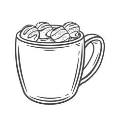 Sticker - Hot chocolate cup line icon vector illustration. Hand drawn outline cocoa, coffee with milk and marshmallow cubes in mug, winter or autumn warm cozy drink of cafe or home, tasty chocolate beverage