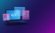 © CuteDesigns - Web Development, Programming and Code Testing UI Concept with Laptop Displaying Futuristic Code