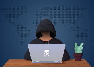 Hacker Hacking On Laptop, Man in Disguise Illustration