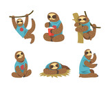 Fototapeta Pokój dzieciecy - Funny Sloth as Lazy Exotic Rainforest Animal Character in Different Pose Vector Set