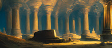 Iillustration Of A Scary Underground Temple With Sarcophagus, Background Illustration.
