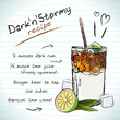 Dark and Stormy cocktail, vector sketch hand drawn illustration, fresh summer alcoholic drink with recipe and fruits	