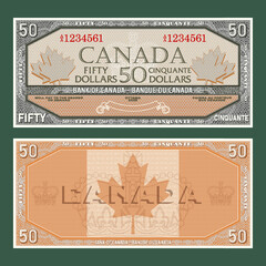 Vector vintage fictional Canadian money. Obverse and reverse of the gaming banknote with guilloche frame. The inscriptions in French mean fifty dollars and bank of Canada.