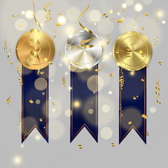 Set of gold, bronze and silver. Award medals isolated on transparent background. Vector illustration of winner concept.	
