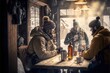 © Met - People drinking in a small ski-hut cottage, apres-ski, after skiing, generative ai