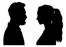 Silhouettes Of Young Attractive Man And Woman Facing Each Other. Profile Portrait Of Eye To Eye Couple.
