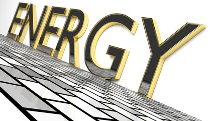 ENERGY word in glossy gold on a white background and a brick pattern floor 3d Rendering - Illustration