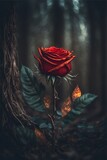 A single red rose growing in the dark in a forest, symbolising love and hopeful rebirth