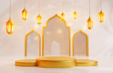 Islamic display podium decoration background. Concept of islamic celebration ramadan kareem or eid al fitr adha Eid Mubarak with podium, 3D illustration.