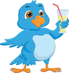 Wall Mural - cartoon cute blue bird holding drink in a glass