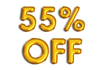 Wall Mural - 55% off discount promotion sale made of realistic 3d gold helium balloons. Illustration of golden percent symbol for selling poster, banner, ads, shopping concept. Numbers isolated on white background