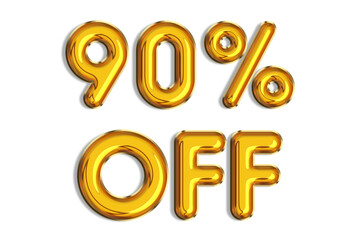 Wall Mural - 90% off discount promotion sale made of realistic 3d gold helium balloons. Illustration of golden percent symbol for selling poster, banner, ads, shopping concept. Numbers isolated on white background