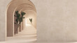 Metaphysics surreal interior design, imaginary fictional architecture. Archway with beige marble walls and trees. Move forward, opportunities, future concept with copy space
