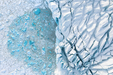 Poster - Iceland. Landscape from a drone. Destruction of the glacier in Iceland due to global warming. Aerial view on the glacier. Climate change matters. Famous place in Iceland.