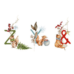 Watercolor cute christmas woodland alphabet. Hand painted letters, numbers with winter floral, forest animals. Winter font with rabbit, bear, deer, squirrel, fern. Nursery, kids illustration for print