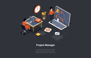 Concept Of New Startup Or Project. Back End Software Engineer Project Manager Develop Or Working On New Startup Idea. Creative Team Working Together In The Office. Isometric 3d Vector Illustration