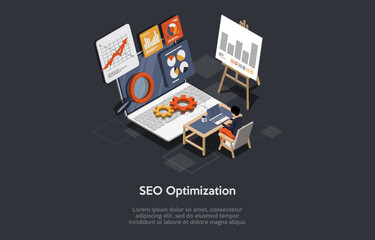 Search Engine Rank, Seo Optimization, SEO Digital Marketing Concept. Seo Marketing And Analytics, Online Ranking Result. Man Expert SEO Typing Text On Laptop. Isometric 3D Cartoon Vector Illustration