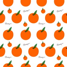 Seamless Orange Pattern And Green Leaves On A Light Background. Vector Illustration. Seamless Fruits Background.