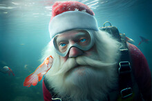 Santa Swimming Underwater With Exotic Sealife. Generative Ai