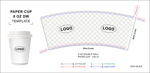 Wall Mural - Paper cup die cut template for 8 ounce Double wall with 3D blank vector mockup for food packaging	