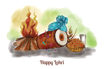 Indian punjabi festival of lohri celebration fire background with decorated drum design