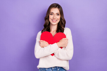 Sticker - Photo of adorable pretty lady girlfriend hold red heart rejoice present romantic gift fell in love isolated on purple color background