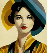 Portrait Of Elegant Woman, Art Deco Style Illustration.