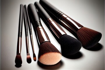  a group of makeup brushes sitting on top of a table next to each other on a table top with a white background. Generative AI