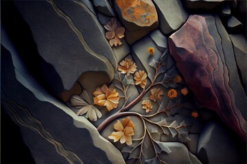  a painting of a tree with yellow leaves on it's branches and rocks in the background. Generative AI