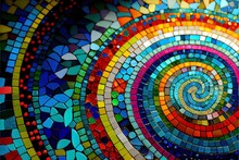  A Colorful Circular Design Made Of Small Tiles On A Wall Or Floor With A Spiral Design In The Center.