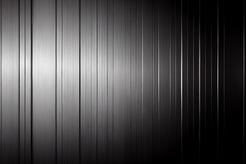 Poster -  a black and white photo of a metal wall with vertical lines on it and a black background with a white stripe. Generative AI Generative AI