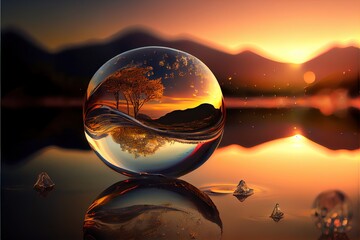 Wall Mural -  a glass ball with a tree inside of it on a lake at sunset with mountains in the background and a reflection of the sky. generative ai