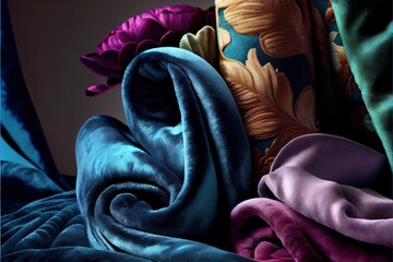 Wall Mural - a pile of colorful fabric sitting on top of a bed next to a pillow cover and a pillow case. Generative AI