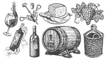 Wine Collection. Viticulture Concept Vintage Illustration. Set Of Hand Drawn Sketches For Restaurant Menu
