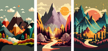 Illustration Rocky Mountains On The River. Mountains Above The Lake Nature