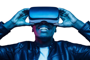 Smiling african man wearing virtual reality headset in metaverse