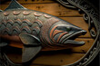 Intricate details on a chinook salmon trophy mounted on a wall. Created with generative AI software.