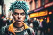 Punk rock girl with spiked blue hair and a tough attitude in urban city. Created with generative AI. 