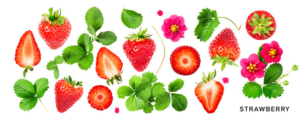 Wall Mural - Different strawberry fruits and leaves set. PNG with transparent background. Flat lay. Without shadow.